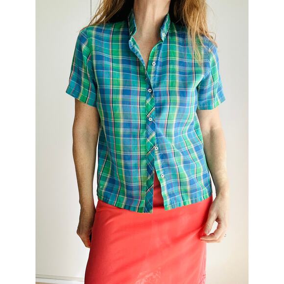 Vintage Blouse Plaid Womens Size Small Summer Vibes Cotton Twee Prep - Picture 7 of 8